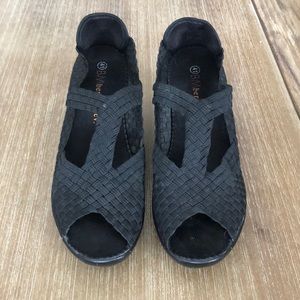 Bernie Mev Black Basket Weave Open Toe Wedge Heels